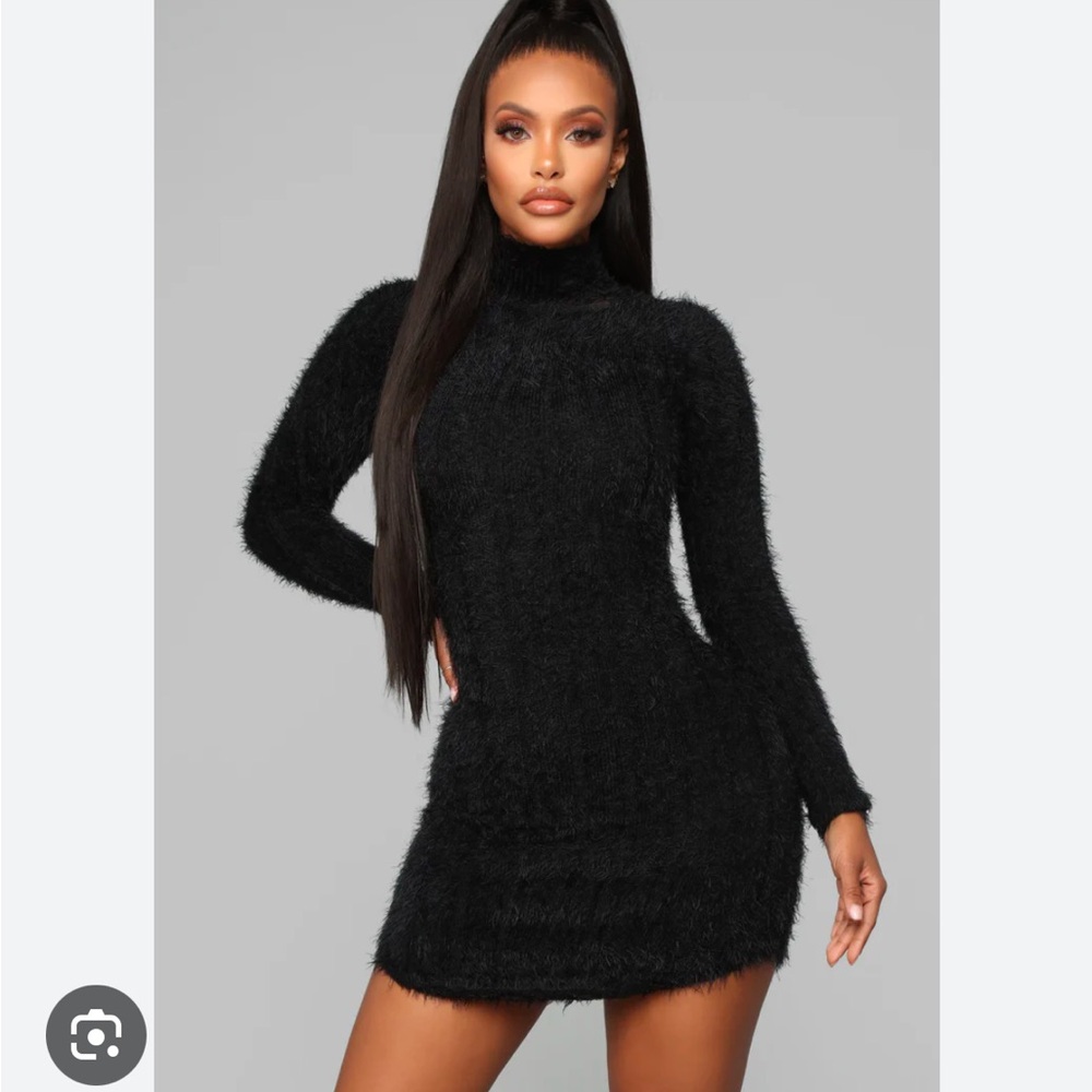 Fashion Nova Long Sleeve High Neck Fuzzy Mini Dress Stretch Body-Con Black